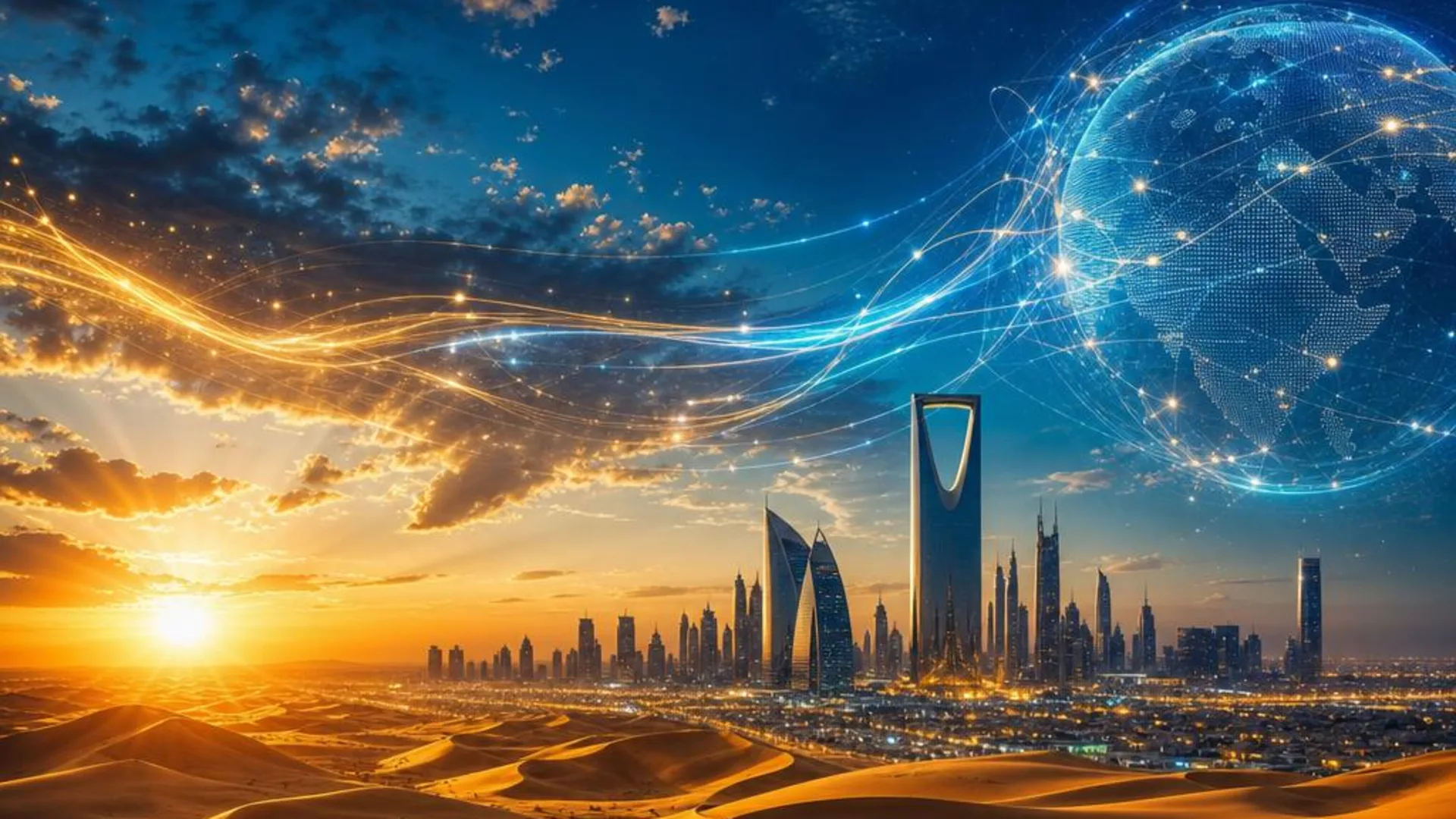 From Saudi Sands to Global Lands — golden Arabian dunes flowing into the illuminated Riyadh skyline at dusk, with luminous streams of light connecting the city to a glowing digital globe, representing Fundraizerly's global capital market infrastructure